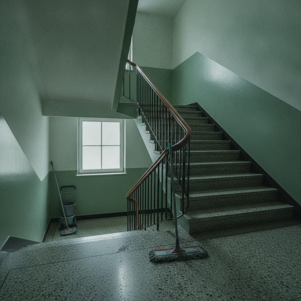Treppenhaus eines Mehrfamilienhauses mit Terrazzostufen, Handlauf und einem Flachmopp auf einem feuchten Absatz