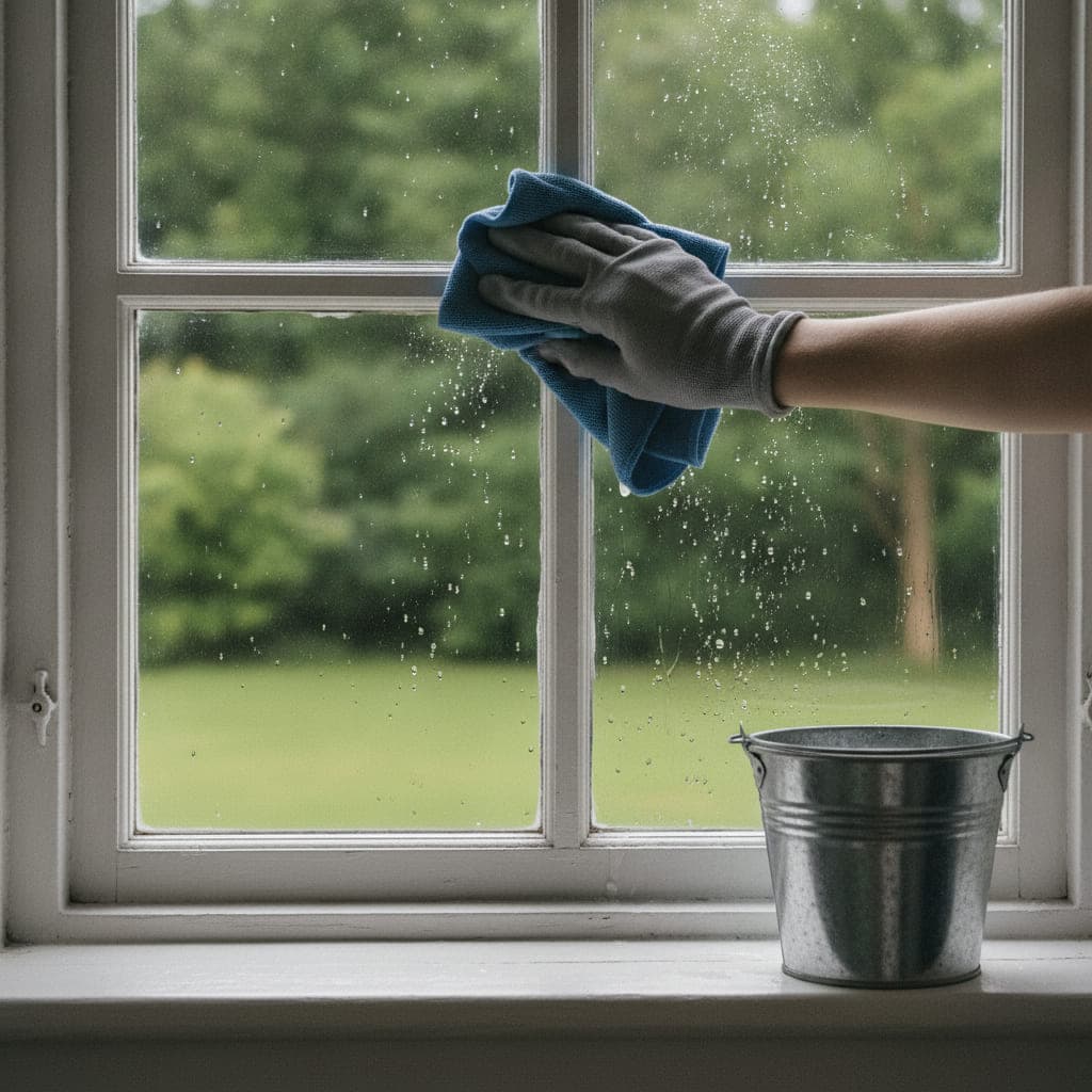 Behandschuhte Hand zieht ein gefaltetes Mikrofasertuch über den Rahmen eines hohen Fensters, auf der Fensterbank steht ein Eimer mit klarem Wasser