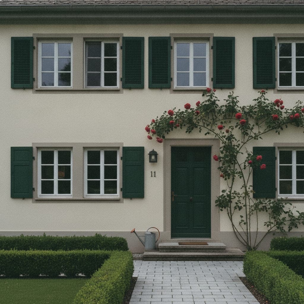 Vorderseite eines gepflegten Wohnhauses mit hellem Putz, dunkelgrünen Fensterläden, geschnittener Buchshecke und sauberem Plattenweg